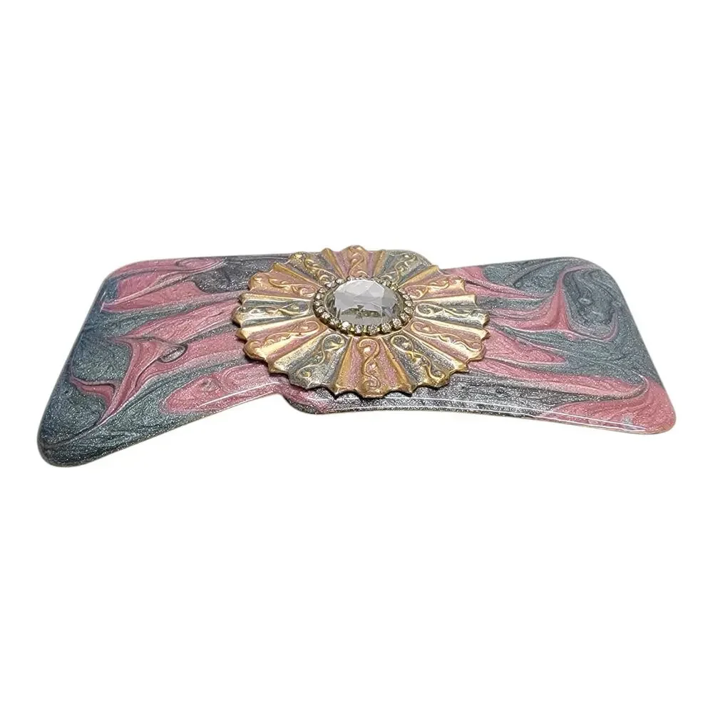 Vintage 80s Pink Grey Marbled Enamel Rhinestone Brass Statement Belt Buckle